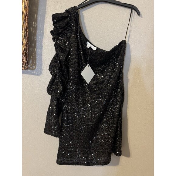 Spring + Mercer Dress L Black Sequin One Long Sleeve Party Wedding Cruise NEW - Picture 8 of 9